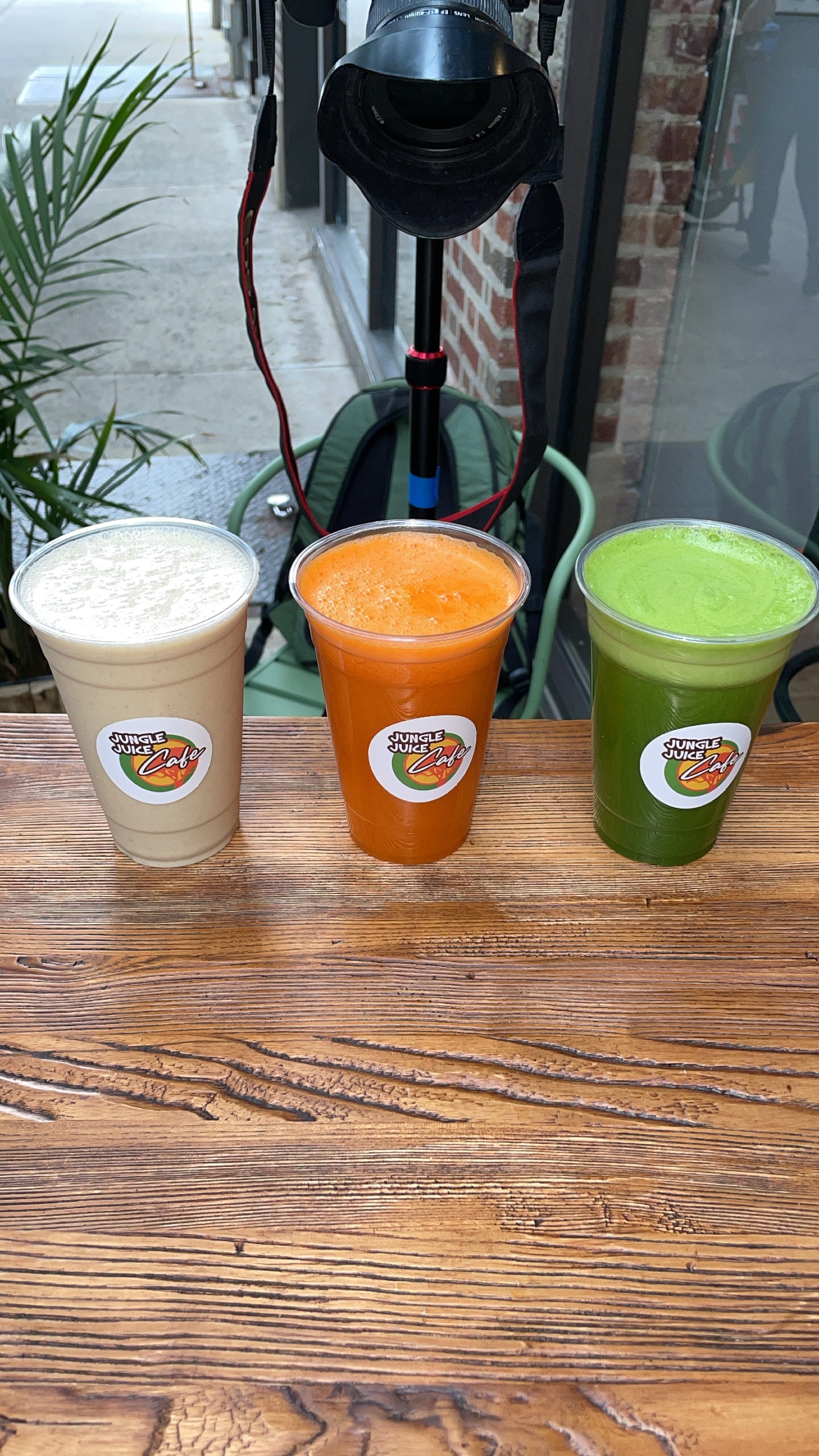 Three colorful fresh juices at Jungle Juice Cafe